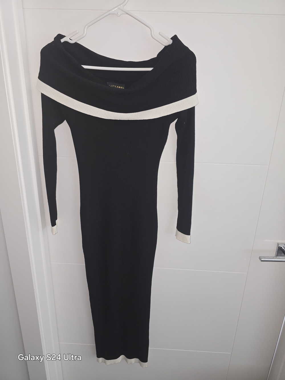 JLUXLABEL Black Off-Shoulder Midi Dress with Cream Trim